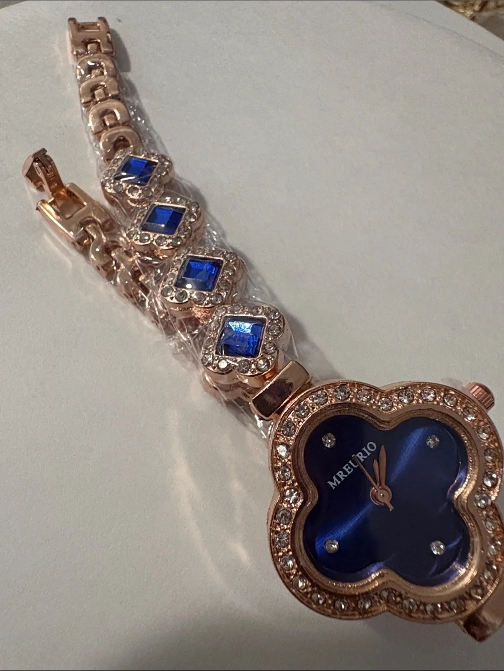 Women's Rose Gold Bracelet Watch with Blue Dial and Crystal Accents